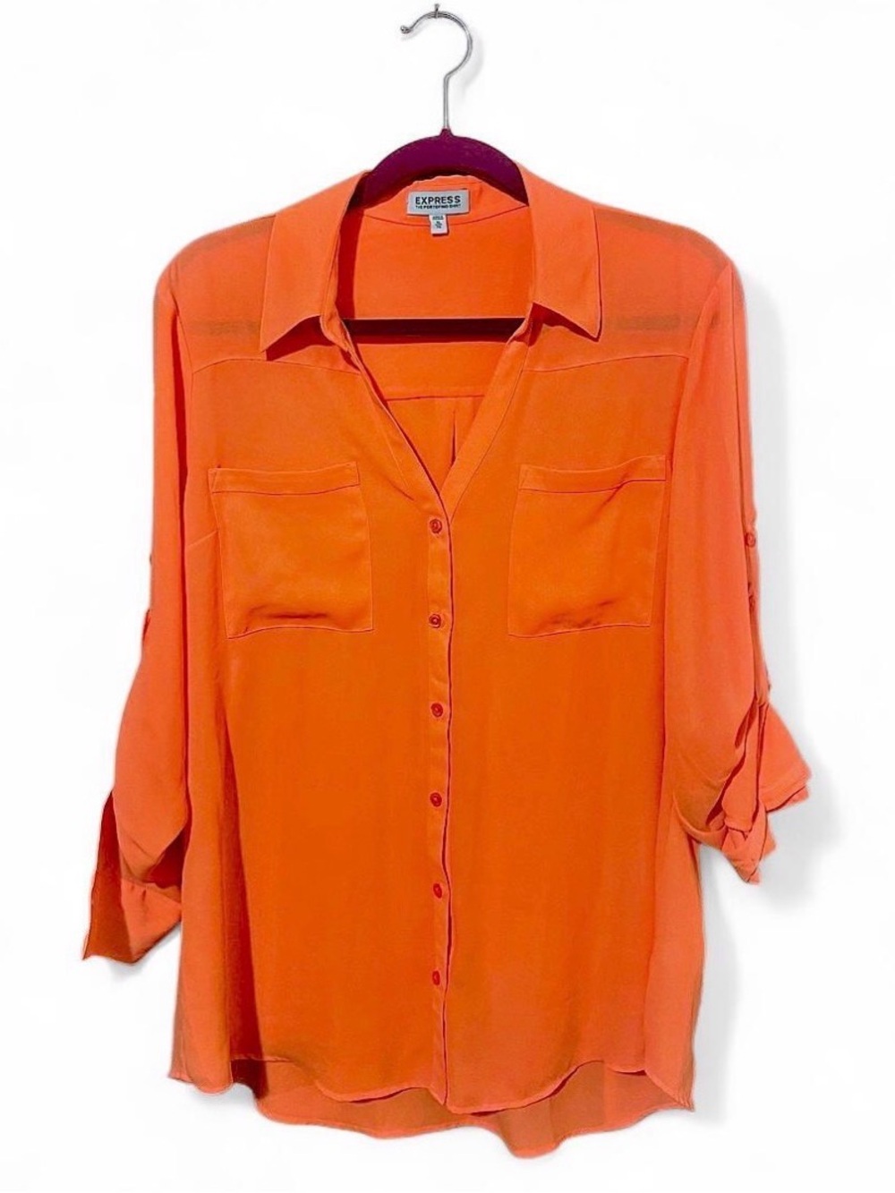 Express Bright Orange Button-Down Collared Blouse